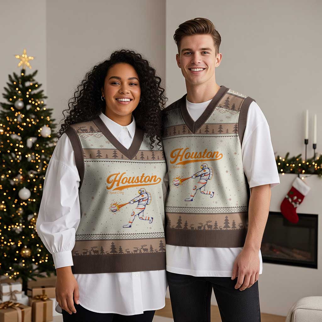 Houston Clutch City V-Neck Knit Sweater Vest Astronaut Baseball Player In Space TS10 Mocha Mousse Print Your Wear