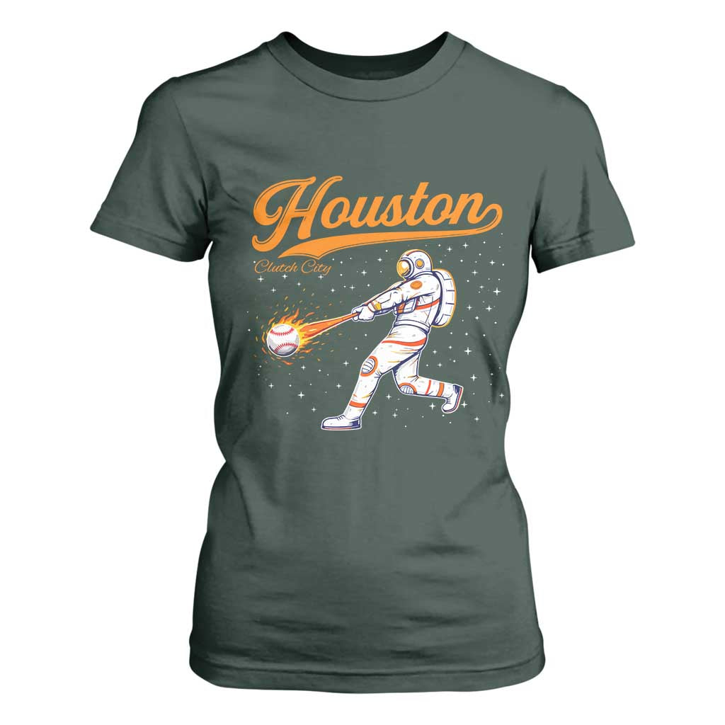 Houston Clutch City T Shirt For Women Astronaut Baseball Player In Space TS10 Dark Forest Green Print Your Wear