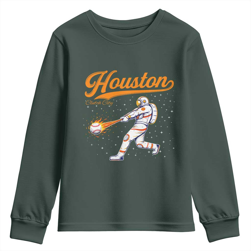 Houston Clutch City Youth Sweatshirt Astronaut Baseball Player In Space TS10 Dark Forest Green Print Your Wear