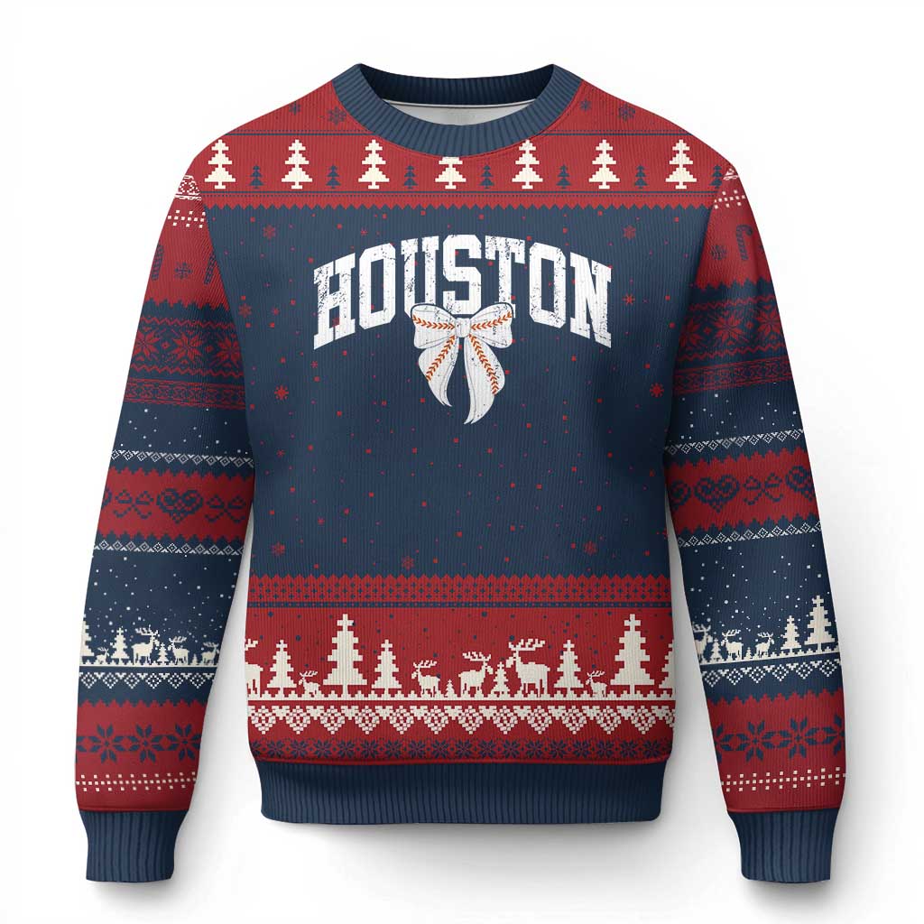 Retro Houston Ugly Christmas Sweater Baseball Coquette Bow Varsity Vintage Sports 80s 90s TS10 Navy Red Print Your Wear