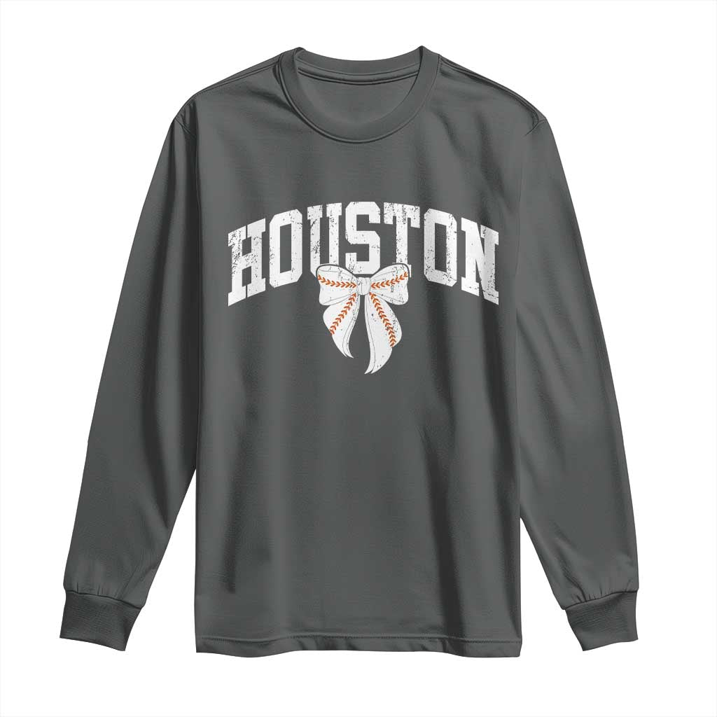 Retro Houston Long Sleeve Shirt Baseball Coquette Bow Varsity Vintage Sports 80s 90s TS10 Dark Heather Print Your Wear