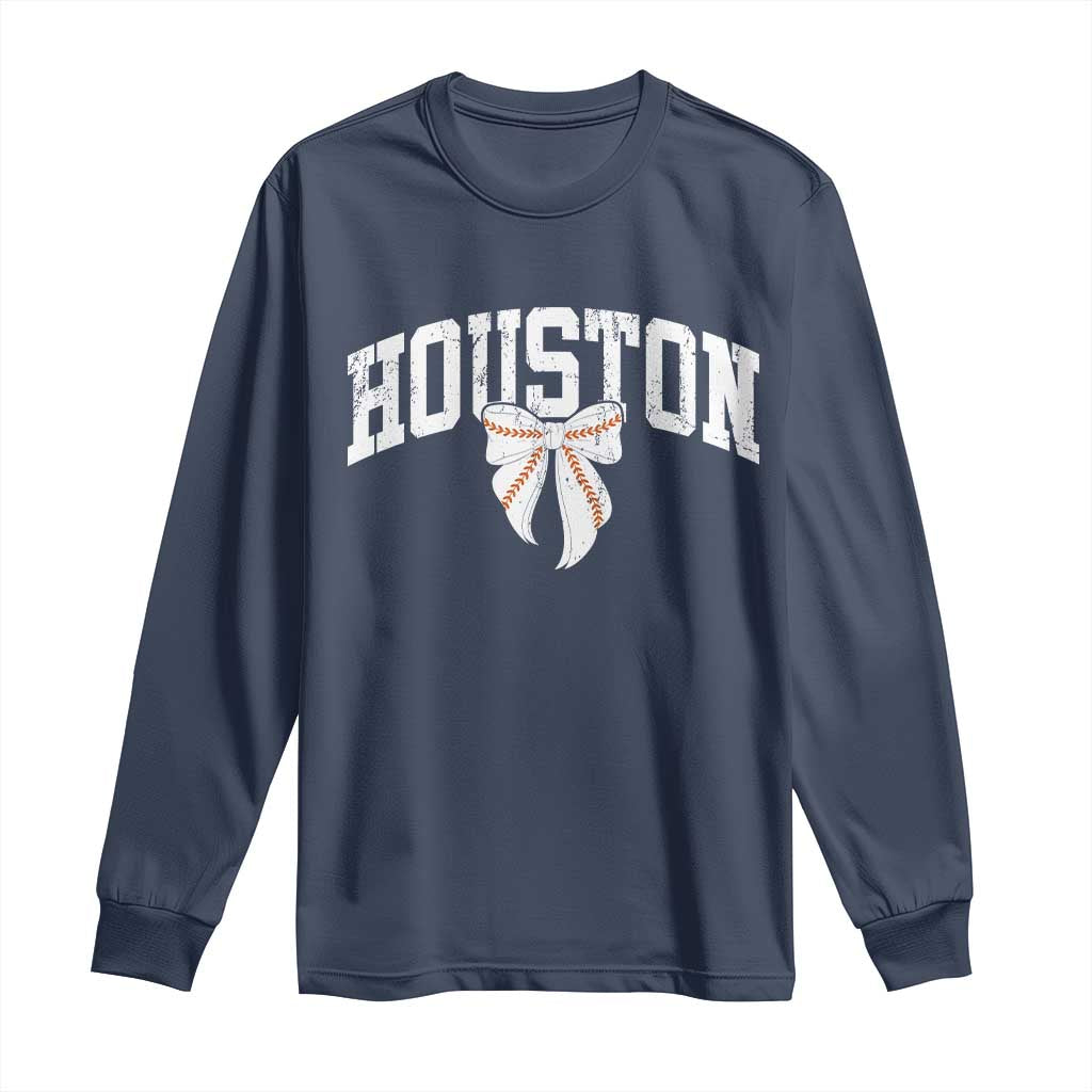 Retro Houston Long Sleeve Shirt Baseball Coquette Bow Varsity Vintage Sports 80s 90s TS10 Navy Print Your Wear