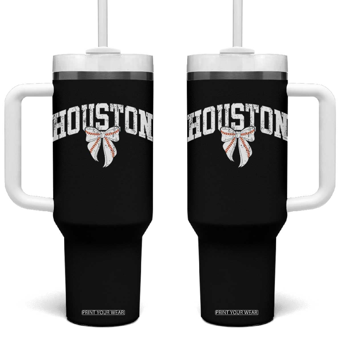 Retro Houston Tumbler With Handle Baseball Coquette Bow Varsity Vintage Sports 80s 90s TS10 One Size: 40 oz Black Print Your Wear