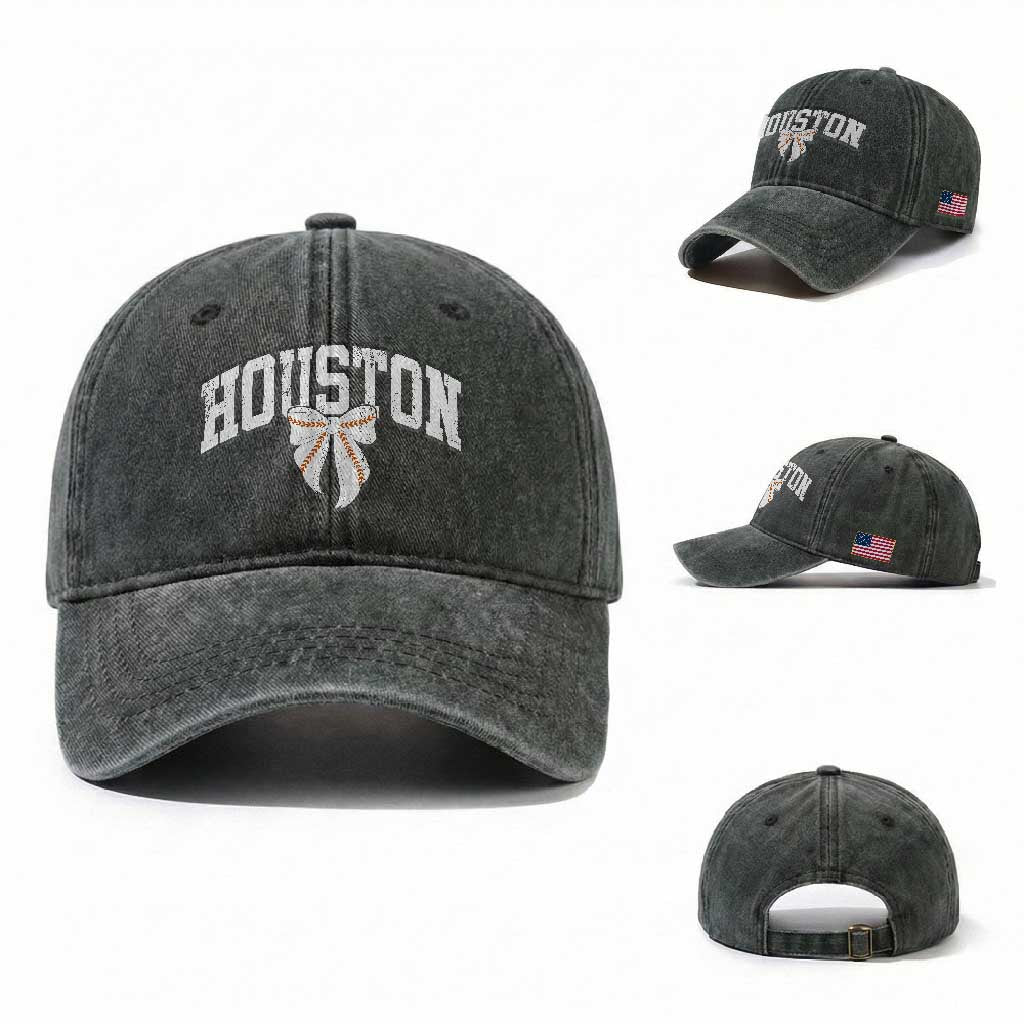 Retro Houston Washed Cotton Baseball Cap Baseball Coquette Bow Varsity Vintage Sports 80s 90s TS10 Washed Cap Universal Fit Dark Green Print Your Wear