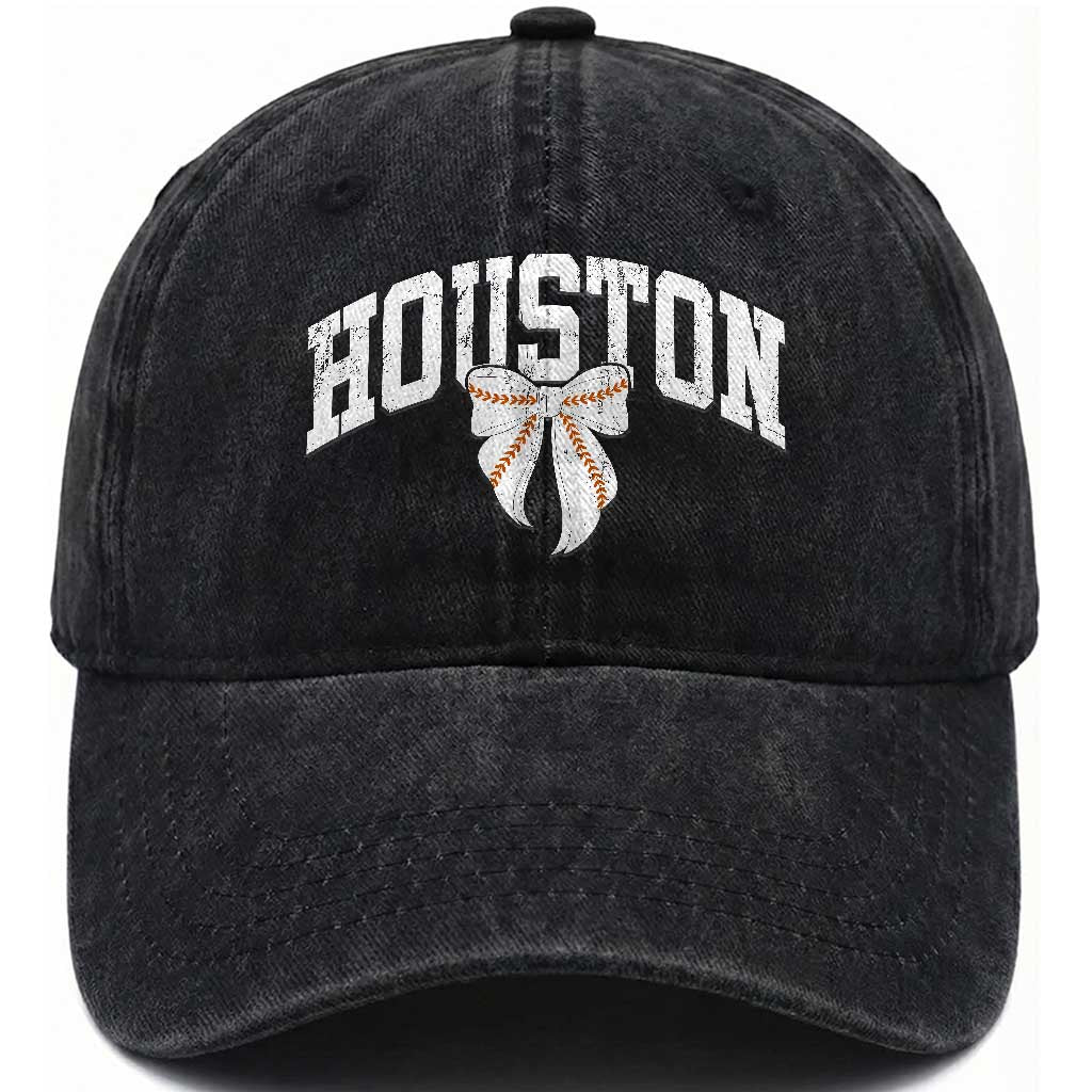 Retro Houston Washed Cotton Baseball Cap Baseball Coquette Bow Varsity Vintage Sports 80s 90s TS10 Print Your Wear