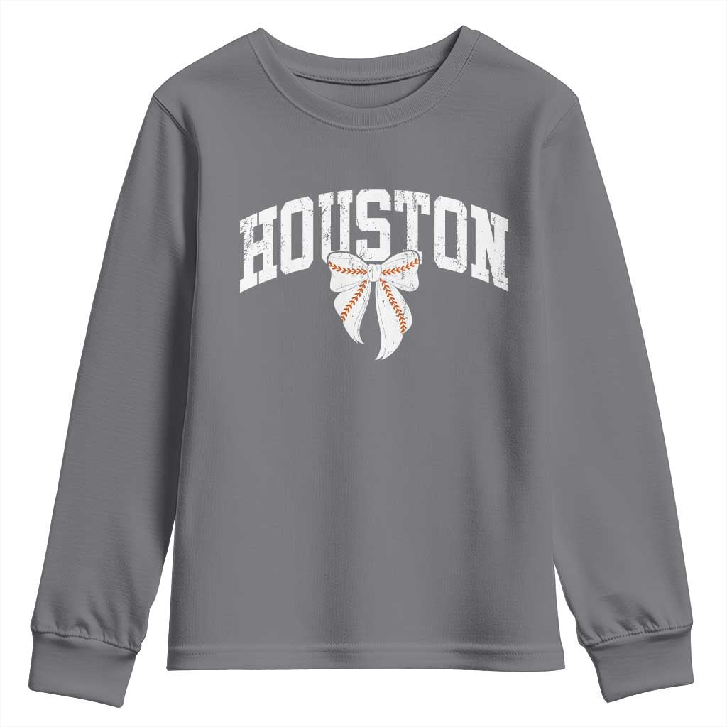 Retro Houston Youth Sweatshirt Baseball Coquette Bow Varsity Vintage Sports 80s 90s TS10 Charcoal Print Your Wear