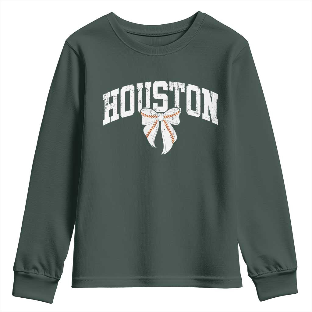 Retro Houston Youth Sweatshirt Baseball Coquette Bow Varsity Vintage Sports 80s 90s TS10 Dark Forest Green Print Your Wear