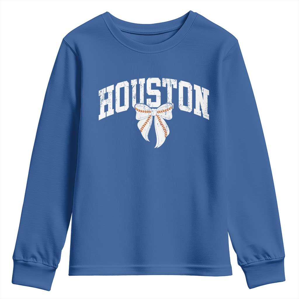 Retro Houston Youth Sweatshirt Baseball Coquette Bow Varsity Vintage Sports 80s 90s TS10 Royal Blue Print Your Wear
