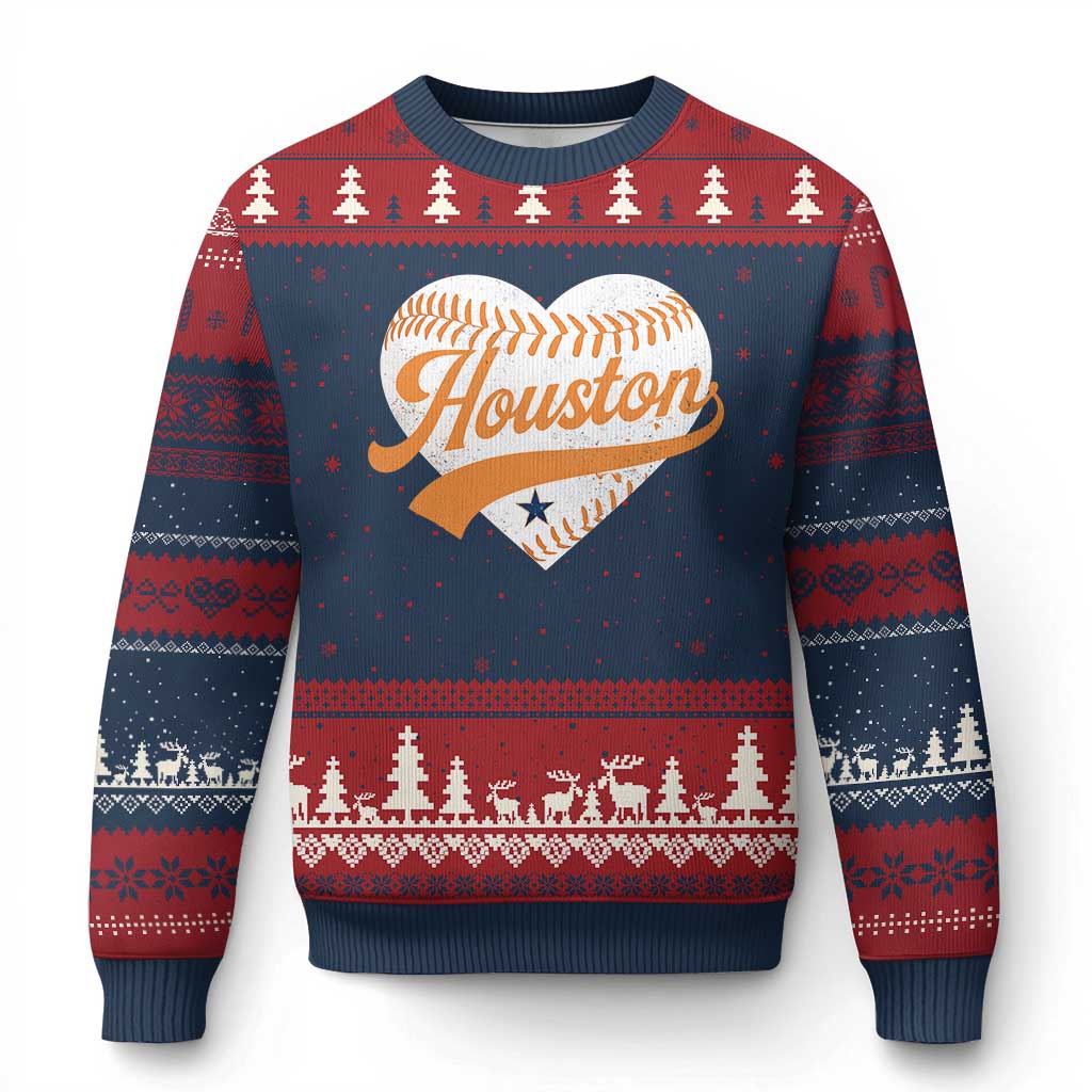 Houston Clutch City Ugly Christmas Sweater Baseball Heart Varsity Script Vintage Sports Fans TS10 Navy Red Print Your Wear