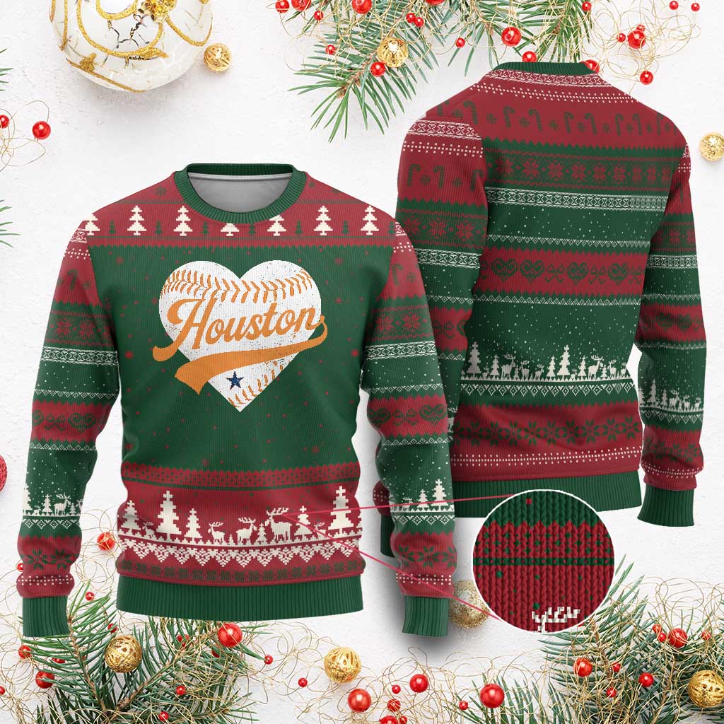 Houston Clutch City Ugly Christmas Sweater Baseball Heart Varsity Script Vintage Sports Fans TS10 Red Green Print Your Wear