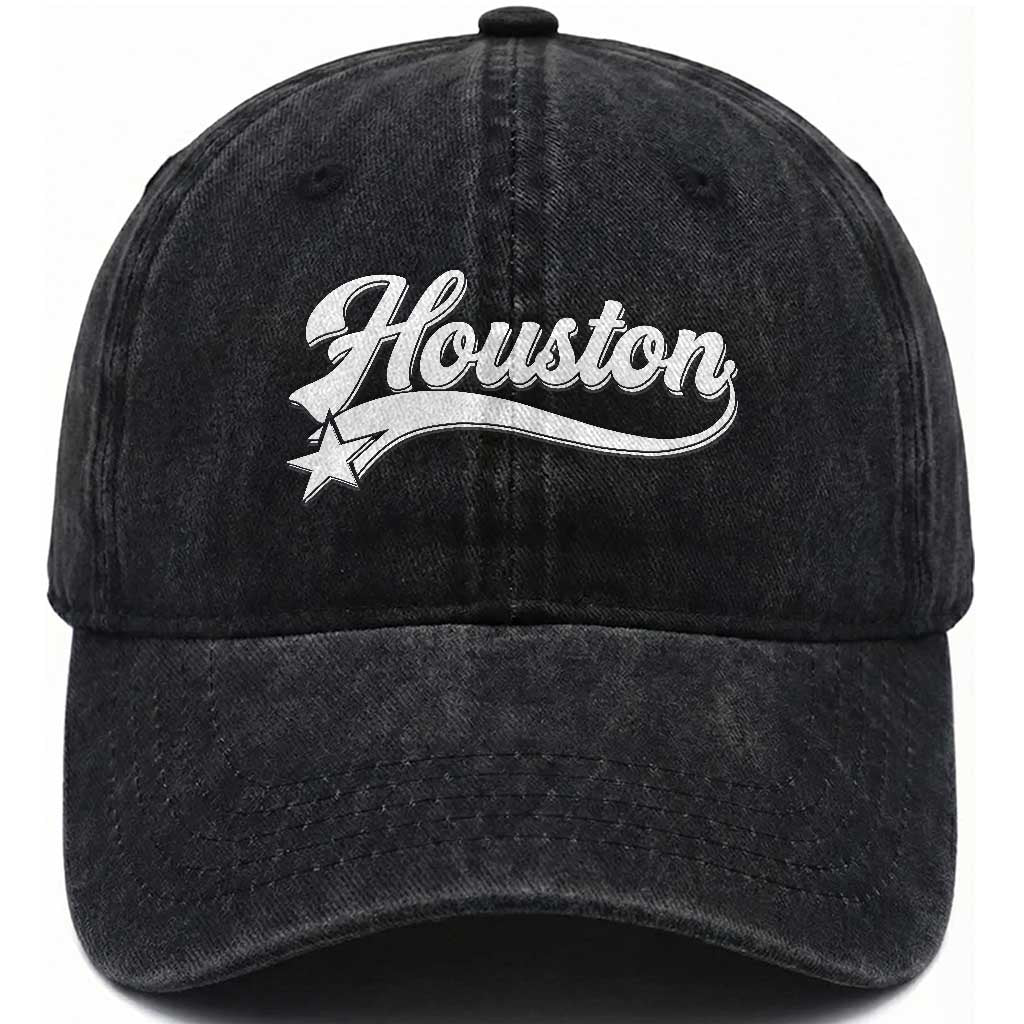 Retro Houston Washed Cotton Baseball Cap Varsity Script Vintage Sports Jersey Style 80s 90s TS10 Print Your Wear