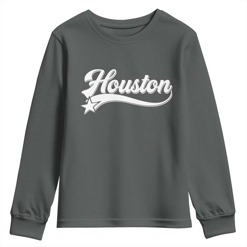 Retro Houston Youth Sweatshirt Varsity Script Vintage Sports Jersey Style 80s 90s TS10 Dark Heather Print Your Wear