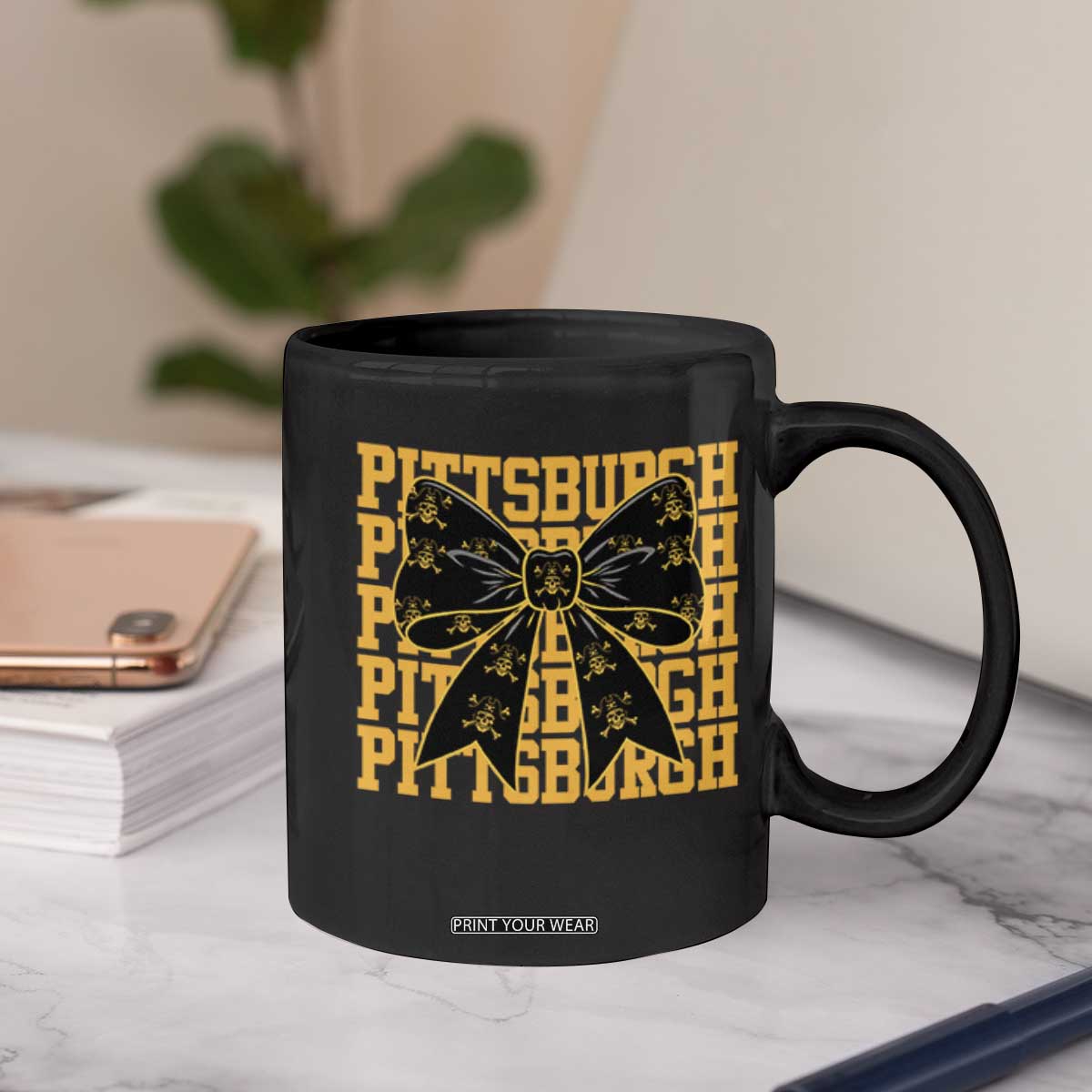 Pittsburgh Coquette Bow Coffee Mug Retro Sports Style Pirate Skull TS10 Print Your Wear