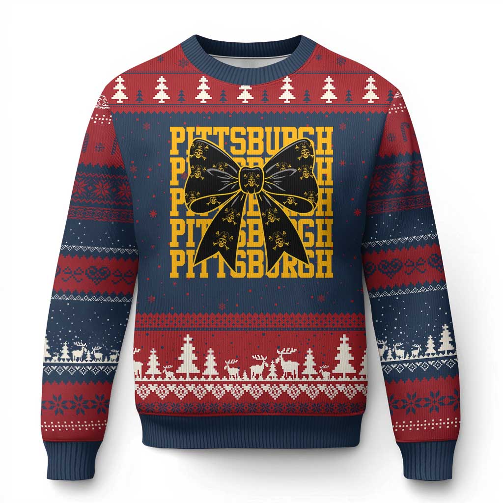 Pittsburgh Coquette Bow Ugly Christmas Sweater Retro Sports Style Pirate Skull TS10 Navy Red Print Your Wear