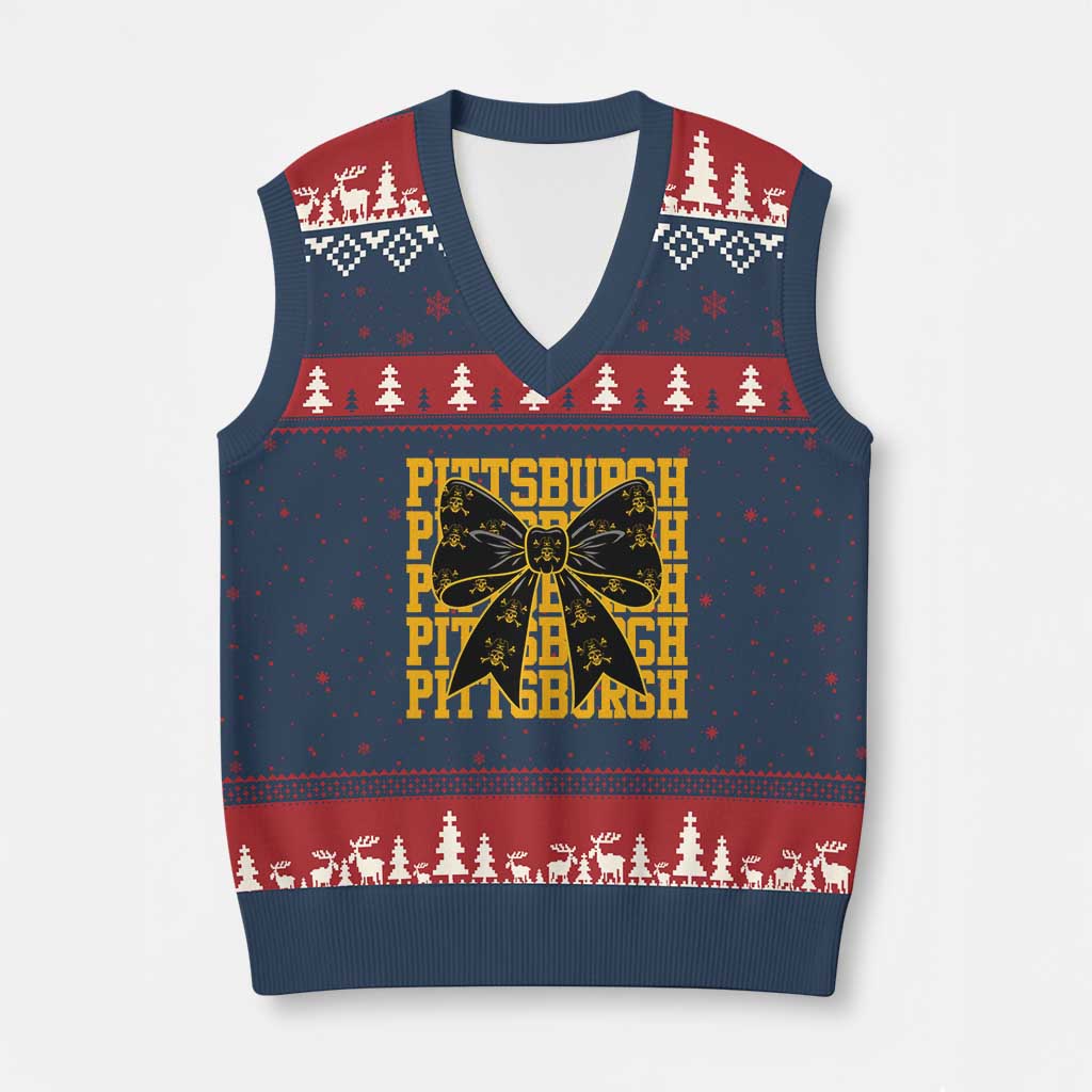 Pittsburgh Coquette Bow V-Neck Knit Sweater Vest Retro Sports Style Pirate Skull TS10 Navy Red Print Your Wear