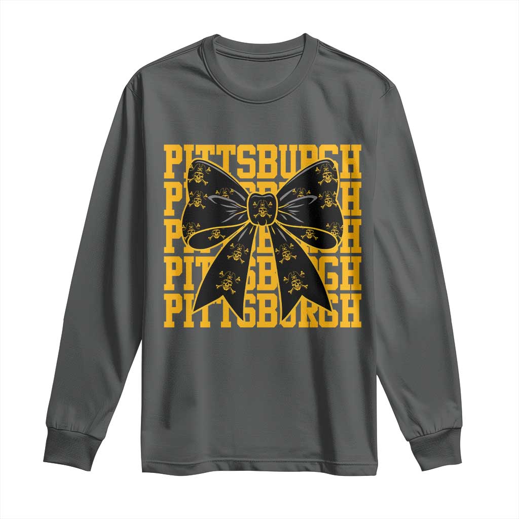 Pittsburgh Coquette Bow Long Sleeve Shirt Retro Sports Style Pirate Skull TS10 Dark Heather Print Your Wear
