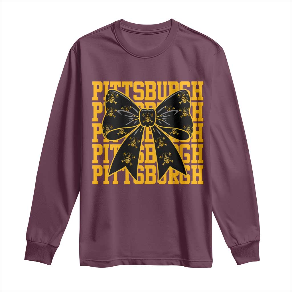 Pittsburgh Coquette Bow Long Sleeve Shirt Retro Sports Style Pirate Skull TS10 Maroon Print Your Wear