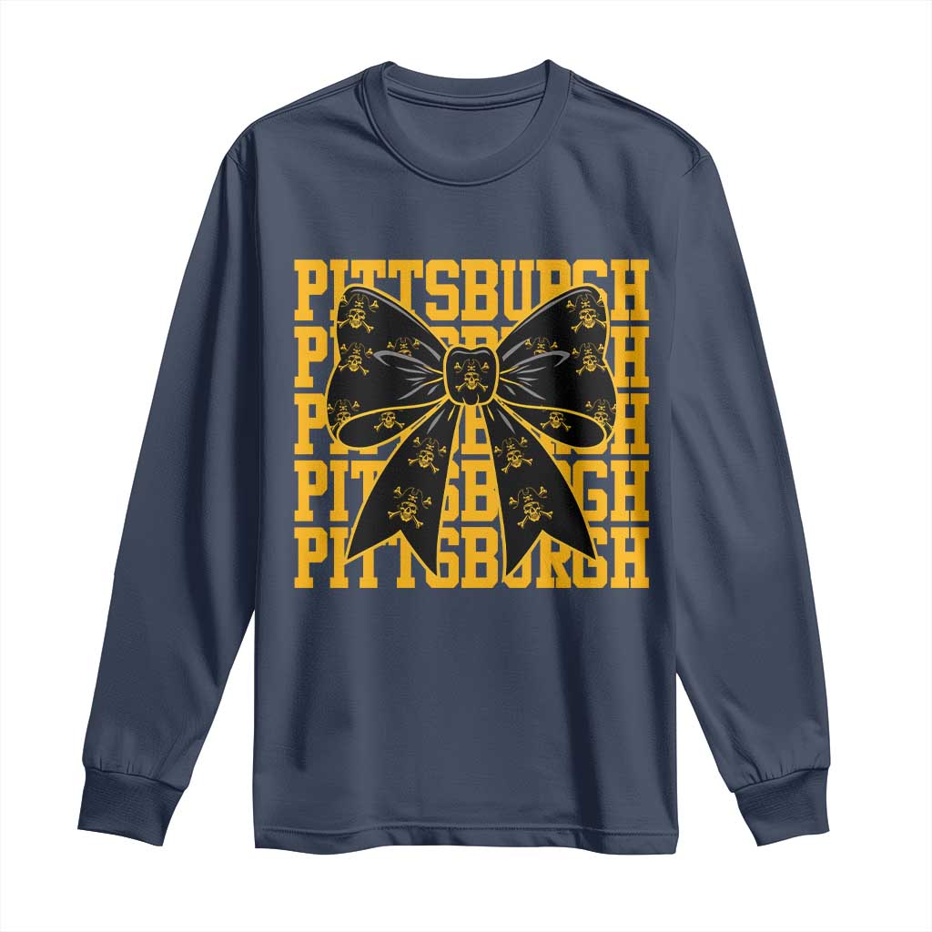 Pittsburgh Coquette Bow Long Sleeve Shirt Retro Sports Style Pirate Skull TS10 Navy Print Your Wear