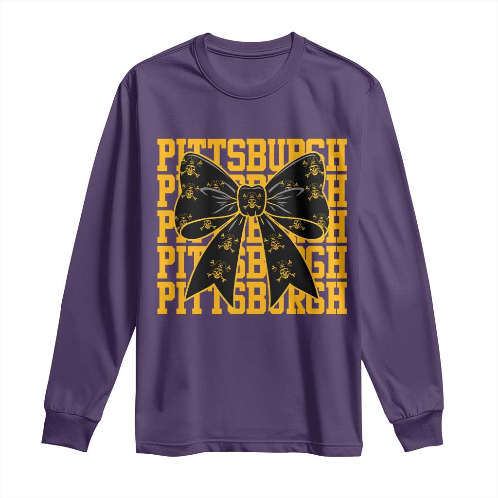 Pittsburgh Coquette Bow Long Sleeve Shirt Retro Sports Style Pirate Skull TS10 Purple Print Your Wear