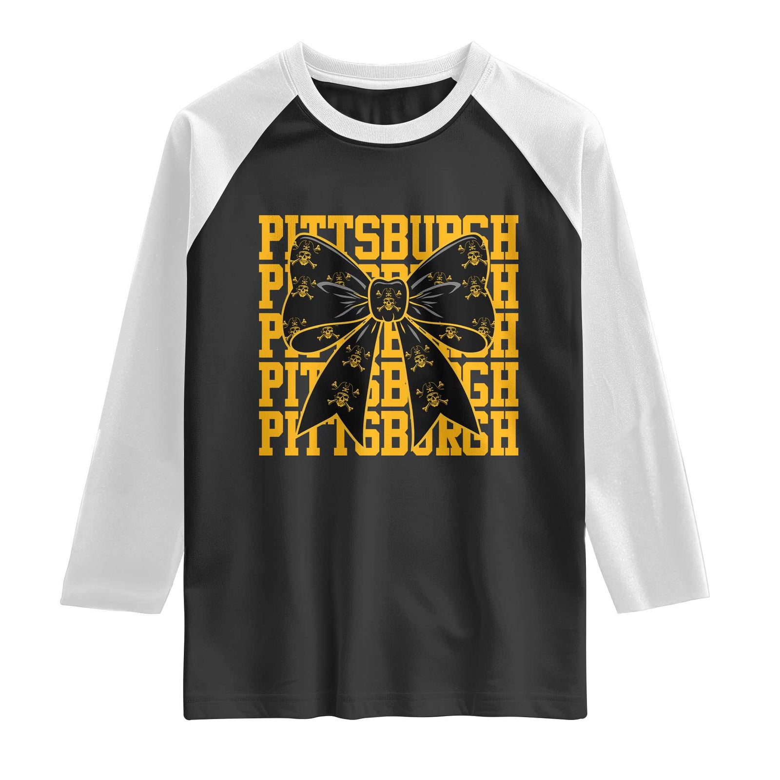 Pittsburgh Coquette Bow Raglan Shirt Retro Sports Style Pirate Skull TS10 Black White Print Your Wear