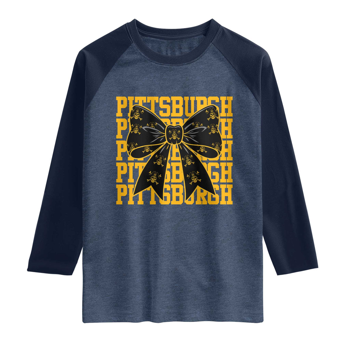 Pittsburgh Coquette Bow Raglan Shirt Retro Sports Style Pirate Skull TS10 Heather Denim Navy Print Your Wear