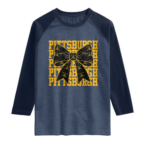 Pittsburgh Coquette Bow Raglan Shirt Retro Sports Style Pirate Skull TS10 Heather Denim Navy Print Your Wear
