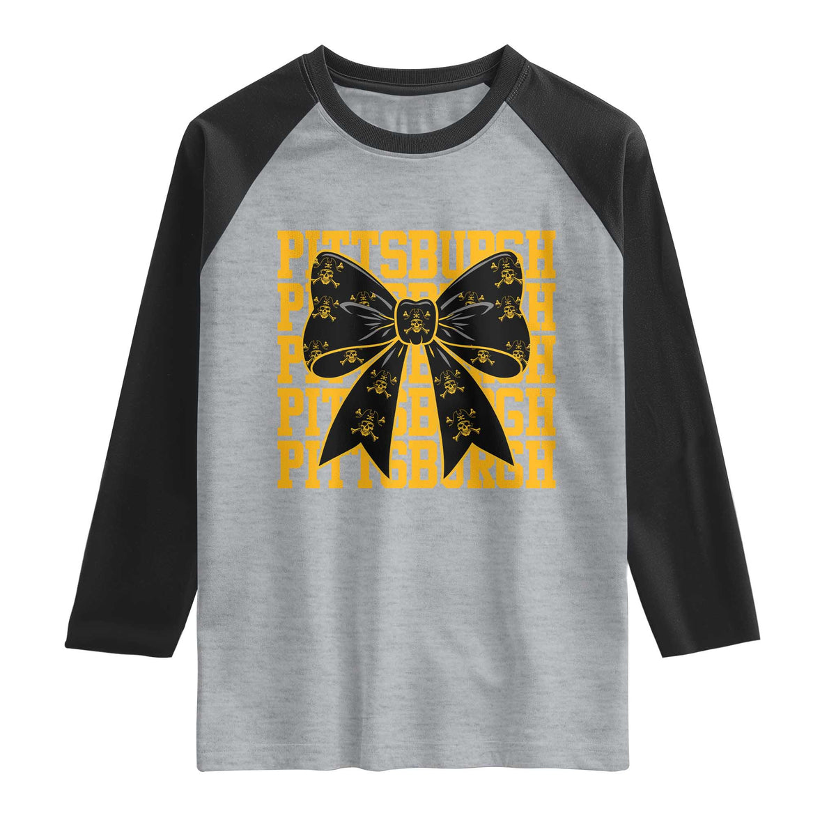 Pittsburgh Coquette Bow Raglan Shirt Retro Sports Style Pirate Skull TS10 Heather Gray Black Print Your Wear