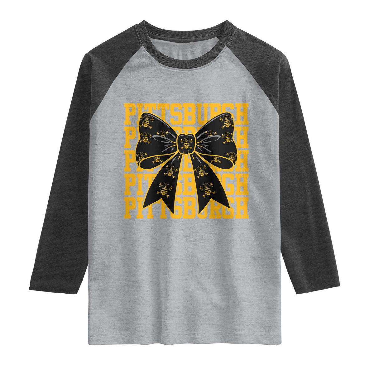 Pittsburgh Coquette Bow Raglan Shirt Retro Sports Style Pirate Skull TS10 Heather Gray Heather Charcoal Print Your Wear