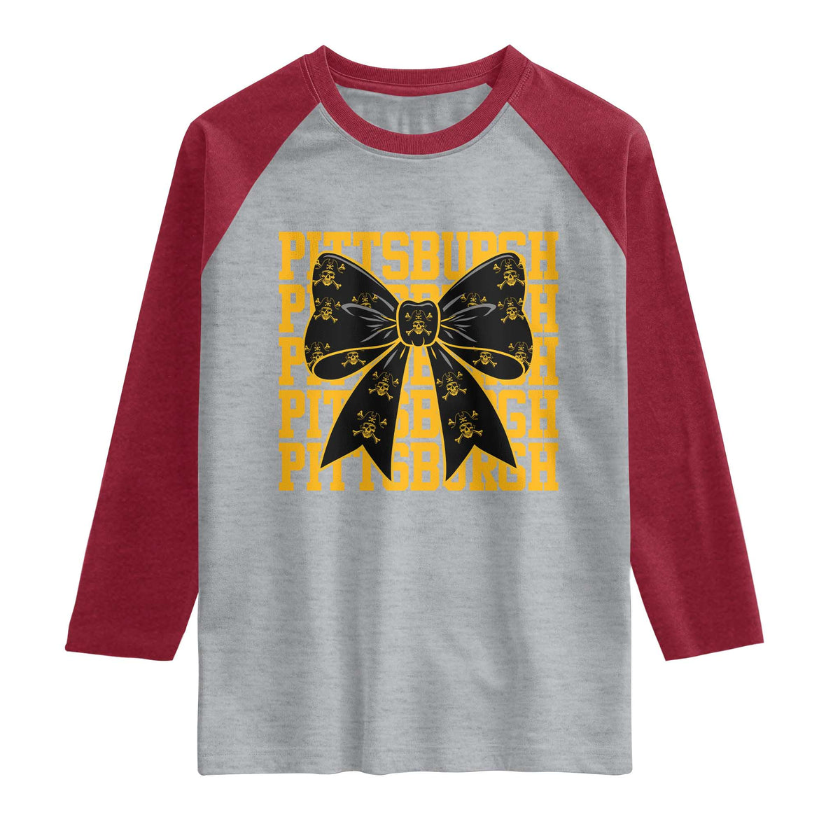 Pittsburgh Coquette Bow Raglan Shirt Retro Sports Style Pirate Skull TS10 Heather Gray Heather Red Print Your Wear
