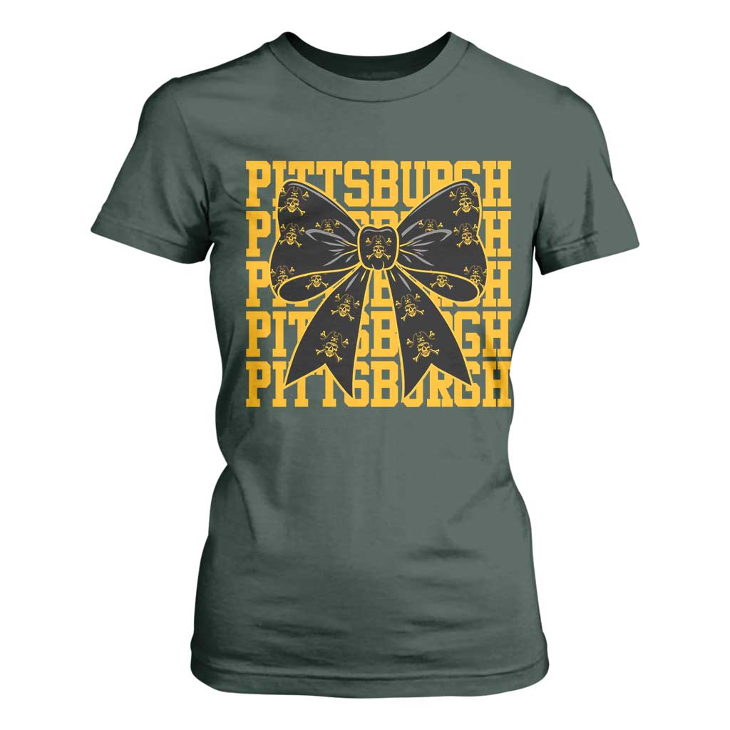 Pittsburgh Coquette Bow T Shirt For Women Retro Sports Style Pirate Skull TS10 Dark Forest Green Print Your Wear