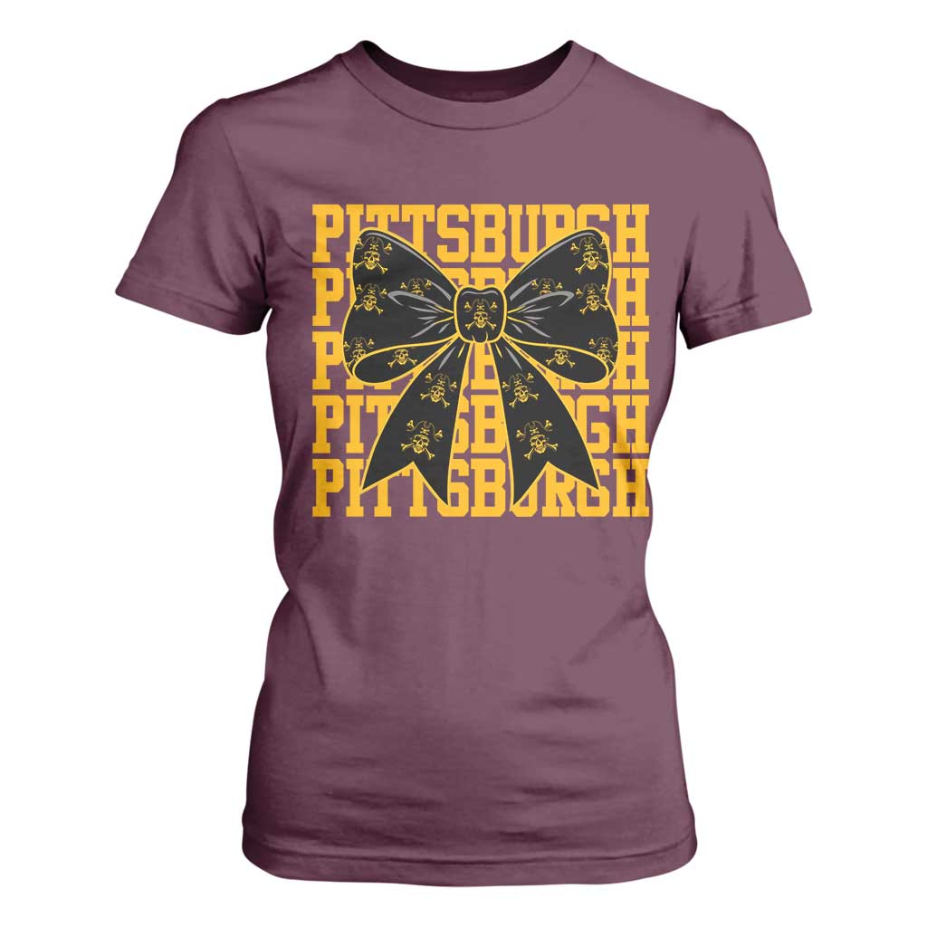 Pittsburgh Coquette Bow T Shirt For Women Retro Sports Style Pirate Skull TS10 Maroon Print Your Wear