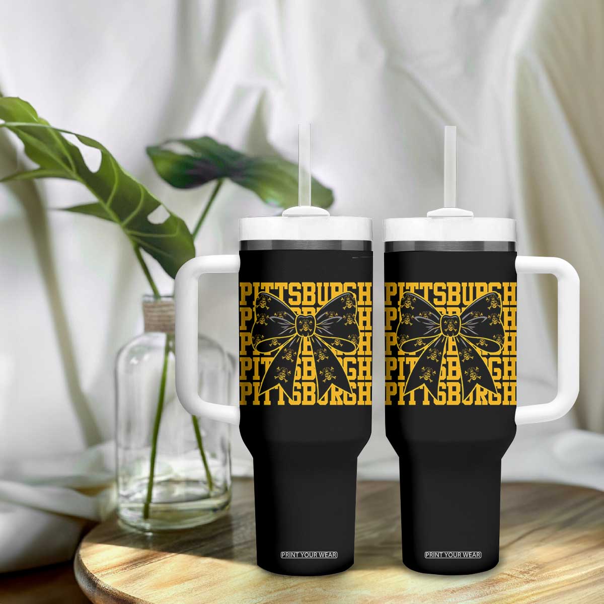 Pittsburgh Coquette Bow Tumbler With Handle Retro Sports Style Pirate Skull TS10 Print Your Wear
