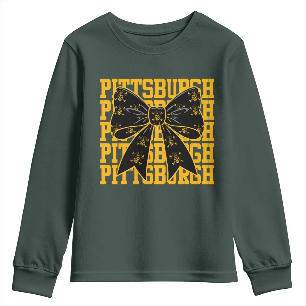 Pittsburgh Coquette Bow Youth Sweatshirt Retro Sports Style Pirate Skull TS10 Dark Forest Green Print Your Wear