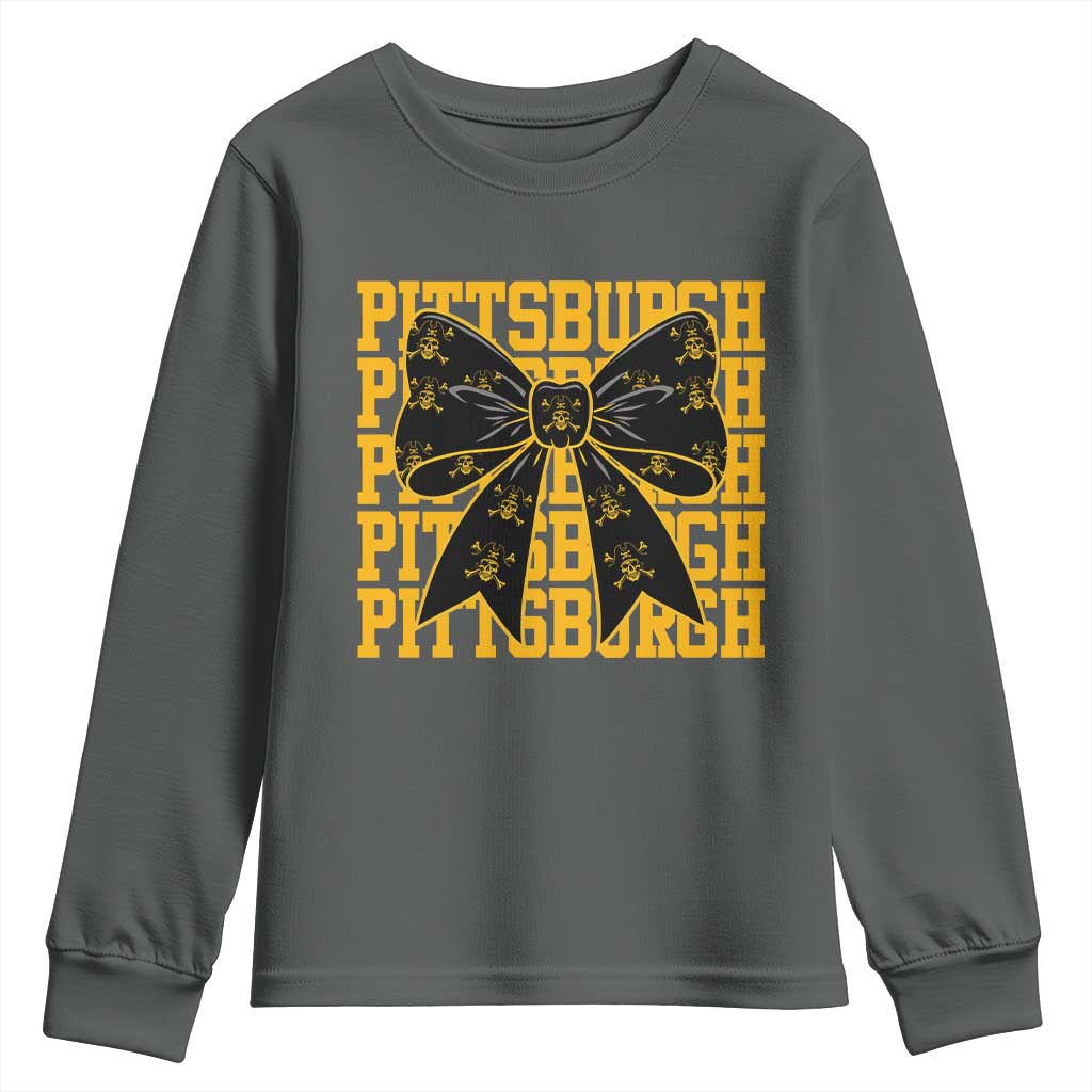 Pittsburgh Coquette Bow Youth Sweatshirt Retro Sports Style Pirate Skull TS10 Dark Heather Print Your Wear