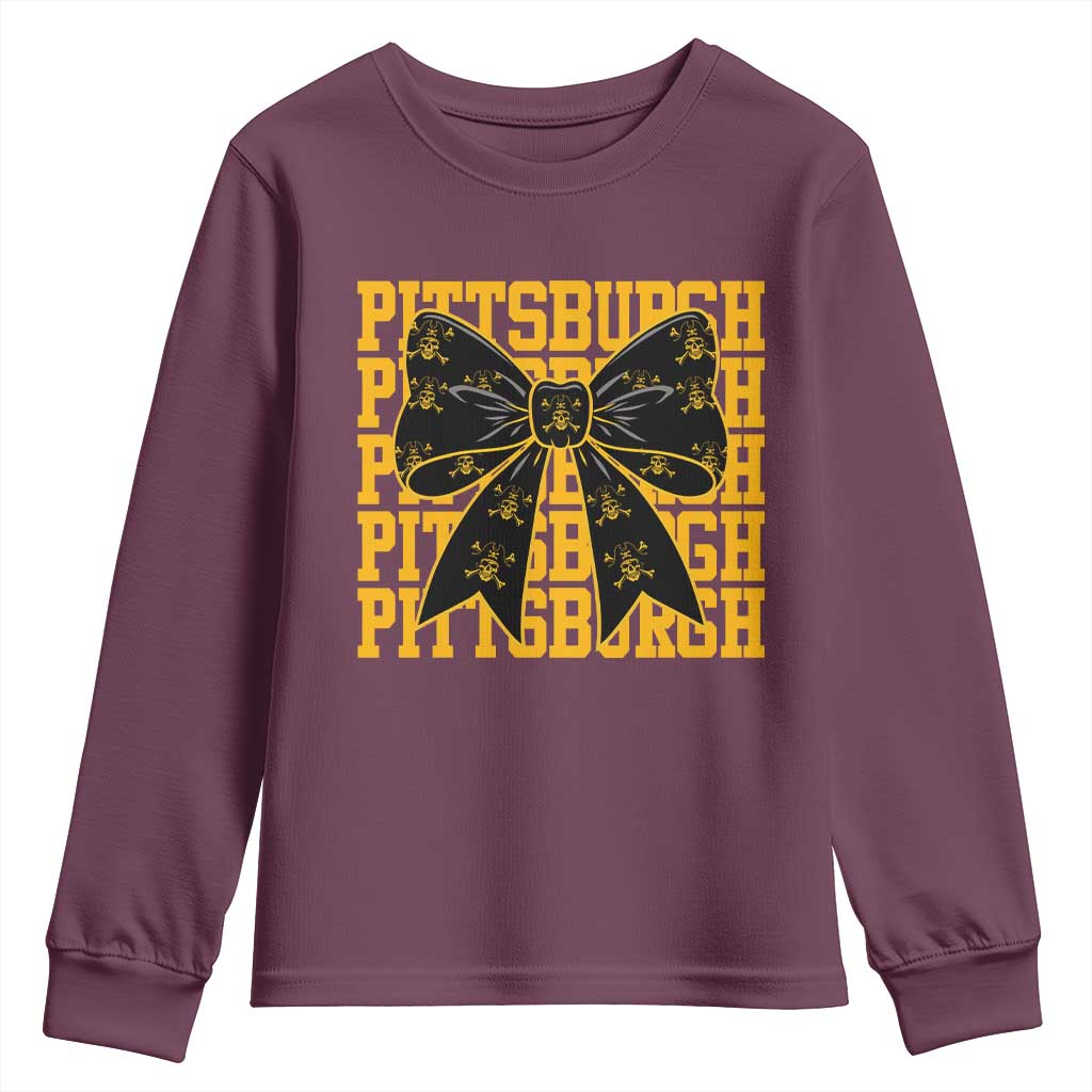 Pittsburgh Coquette Bow Youth Sweatshirt Retro Sports Style Pirate Skull TS10 Maroon Print Your Wear