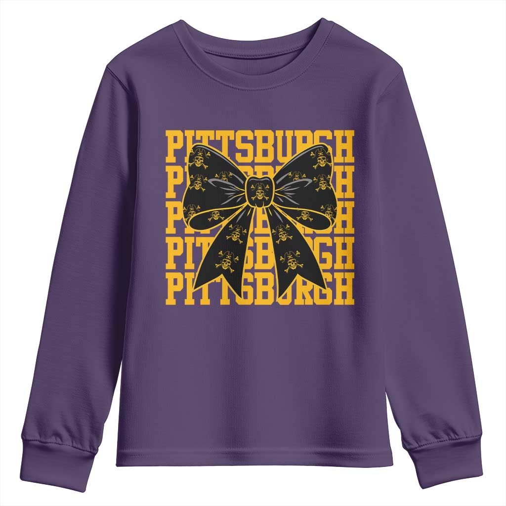 Pittsburgh Coquette Bow Youth Sweatshirt Retro Sports Style Pirate Skull TS10 Purple Print Your Wear
