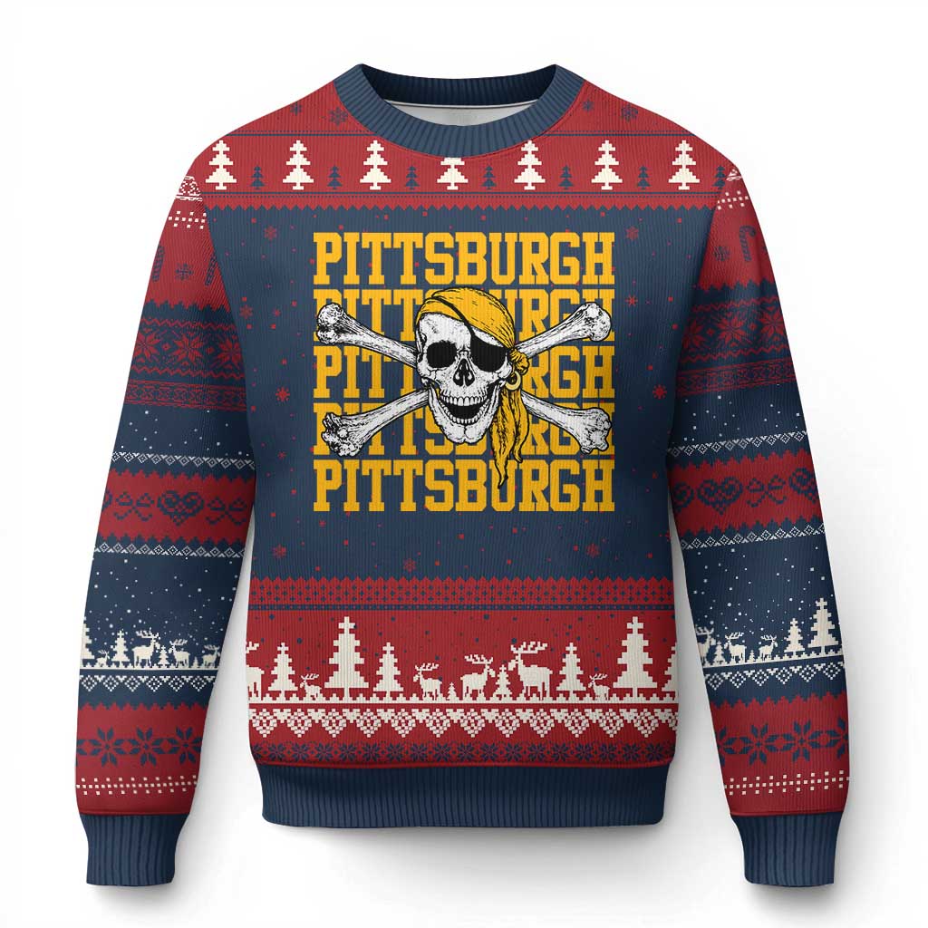 Pittsburgh Lovers Ugly Christmas Sweater Retro Pennsylvania Steel City Pirate Skull TS10 Navy Red Print Your Wear