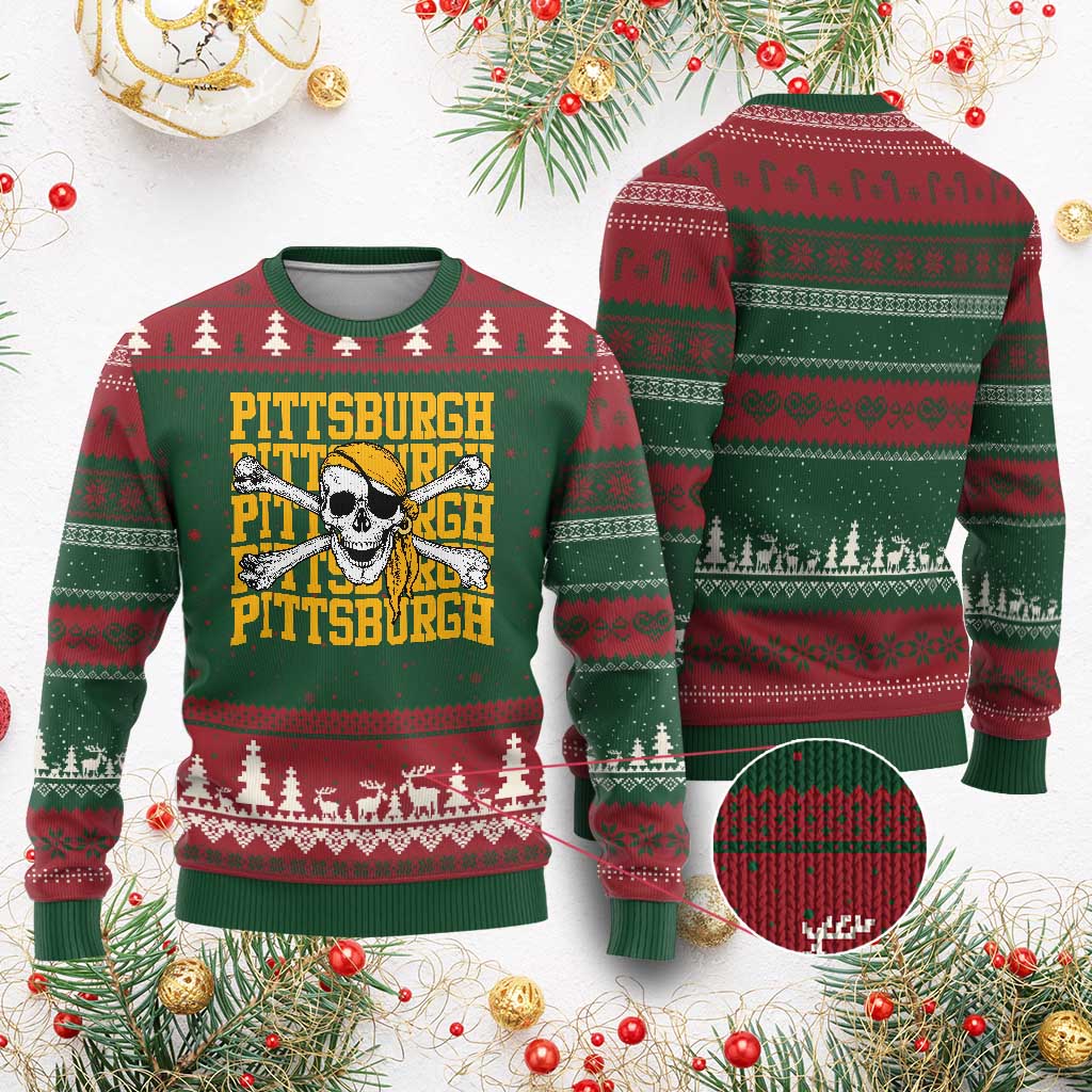 Pittsburgh Lovers Ugly Christmas Sweater Retro Pennsylvania Steel City Pirate Skull TS10 Red Green Print Your Wear