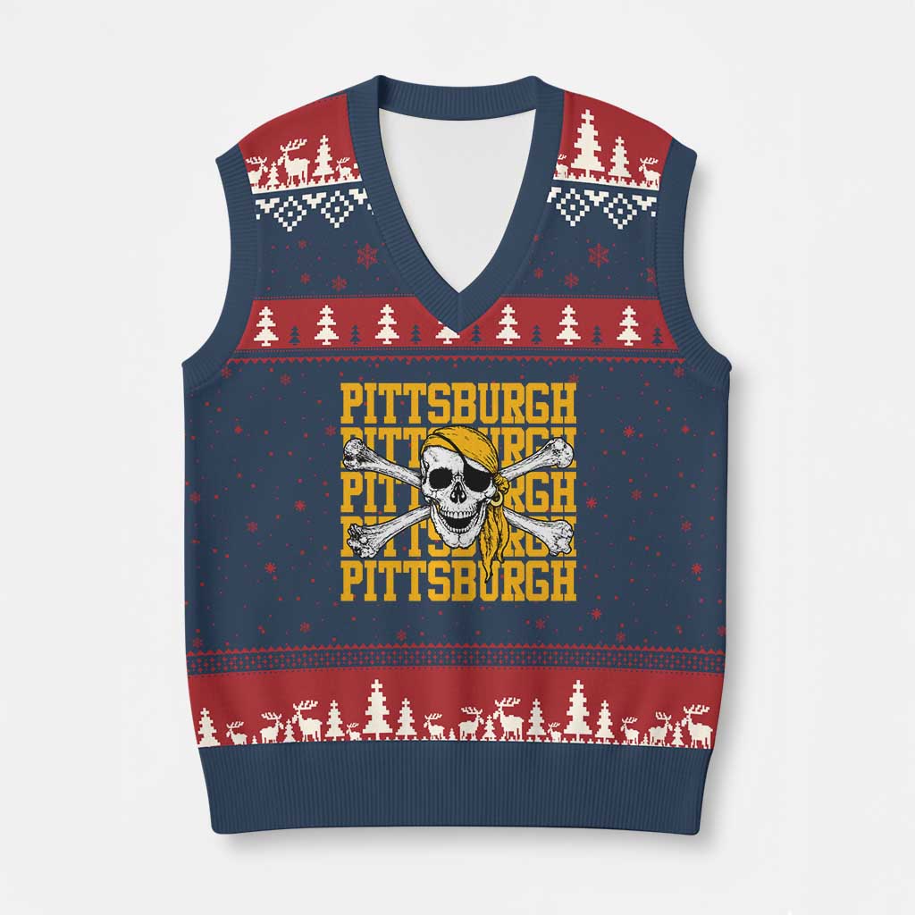 Pittsburgh Lovers V-Neck Knit Sweater Vest Retro Pennsylvania Steel City Pirate Skull TS10 Navy Red Print Your Wear
