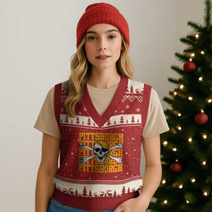 Pittsburgh Lovers V-Neck Knit Sweater Vest Retro Pennsylvania Steel City Pirate Skull TS10 Red Beige Print Your Wear