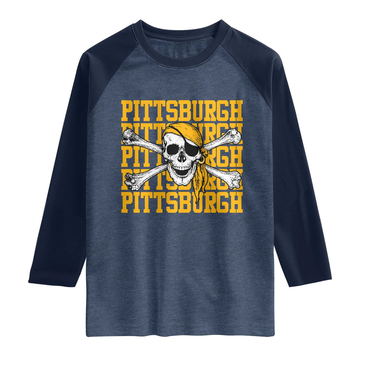 Pittsburgh Lovers Raglan Shirt Retro Pennsylvania Steel City Pirate Skull TS10 Heather Denim Navy Print Your Wear