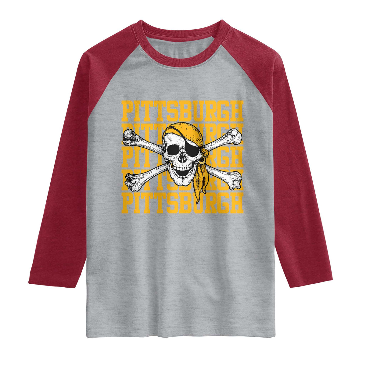 Pittsburgh Lovers Raglan Shirt Retro Pennsylvania Steel City Pirate Skull TS10 Heather Gray Heather Red Print Your Wear