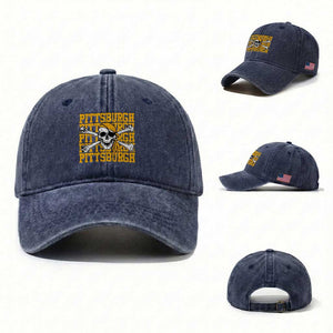 Pittsburgh Lovers Washed Cotton Baseball Cap Retro Pennsylvania Steel City Pirate Skull TS10 Washed Cap Universal Fit Navy Print Your Wear