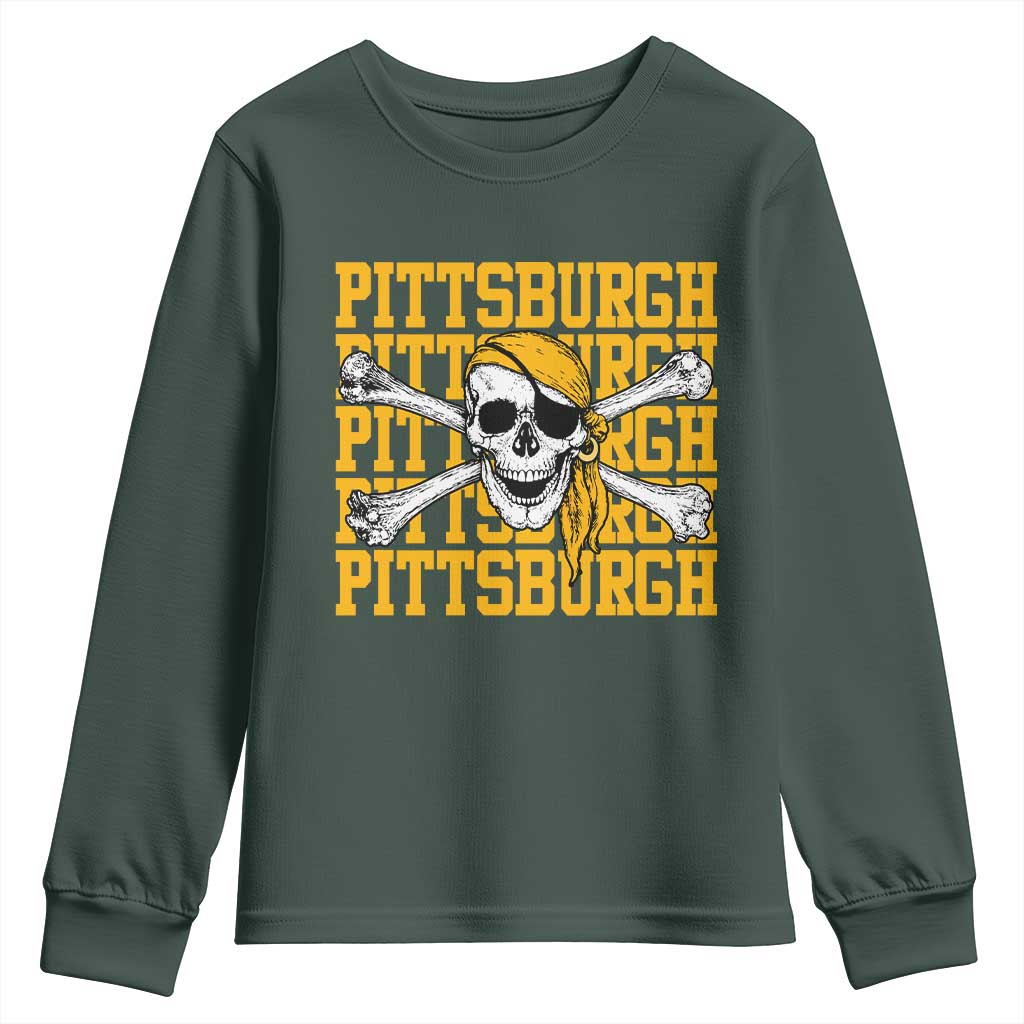Pittsburgh Lovers Youth Sweatshirt Retro Pennsylvania Steel City Pirate Skull TS10 Dark Forest Green Print Your Wear