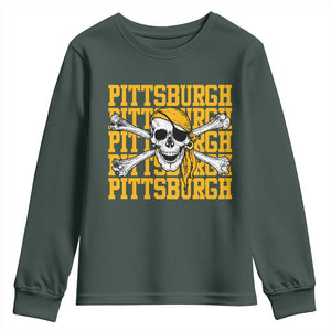 Pittsburgh Lovers Youth Sweatshirt Retro Pennsylvania Steel City Pirate Skull TS10 Dark Forest Green Print Your Wear
