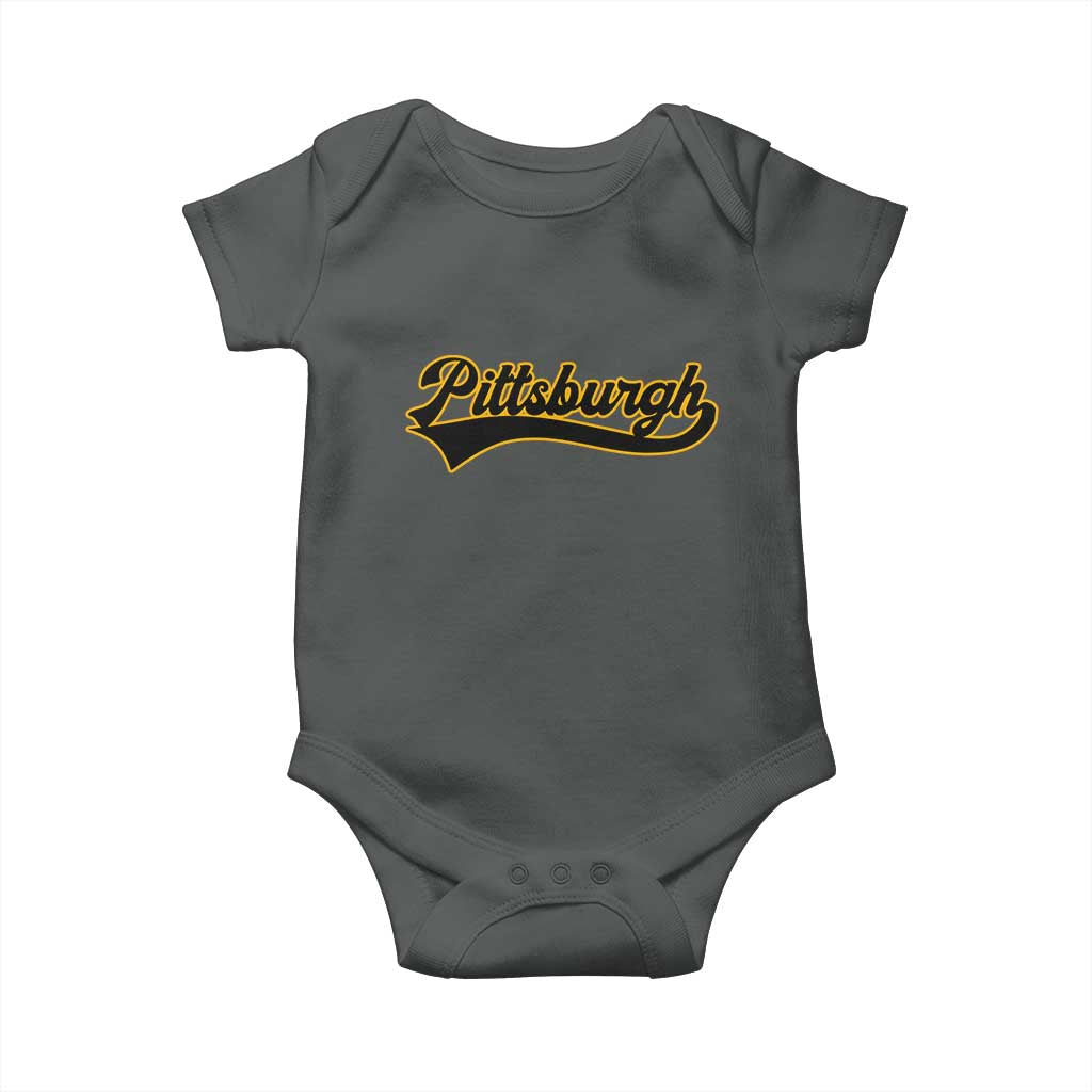 Vintage Pittsburgh Baby Onesie Varsity Script Retro Sports Jersey Style Baseball Fans TS10 Dark Heather Print Your Wear