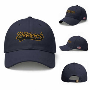 Vintage Pittsburgh Baseball Cap Varsity Script Retro Sports Jersey Style Baseball Fans TS10 Baseball Cap Universal Fit Navy Print Your Wear