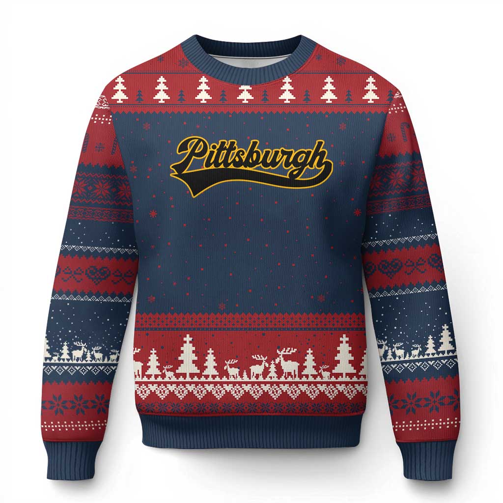Vintage Pittsburgh Ugly Christmas Sweater Varsity Script Retro Sports Jersey Style Baseball Fans TS10 Navy Red Print Your Wear