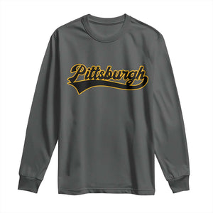 Vintage Pittsburgh Long Sleeve Shirt Varsity Script Retro Sports Jersey Style Baseball Fans TS10 Dark Heather Print Your Wear