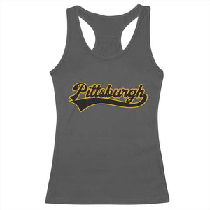 Vintage Pittsburgh Racerback Tank Top Varsity Script Retro Sports Jersey Style Baseball Fans TS10 Dark Heather Print Your Wear